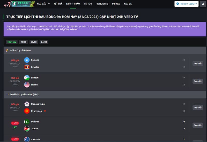 Cập nhật lịch thi đấu bóng đá trực tiếp, liên tục và mới nhất tại Vebo TV